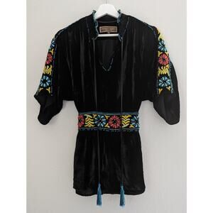 Double D Ranch Black Silk Blouse Tunic Embroidered Western Boho Sz Small Velvet